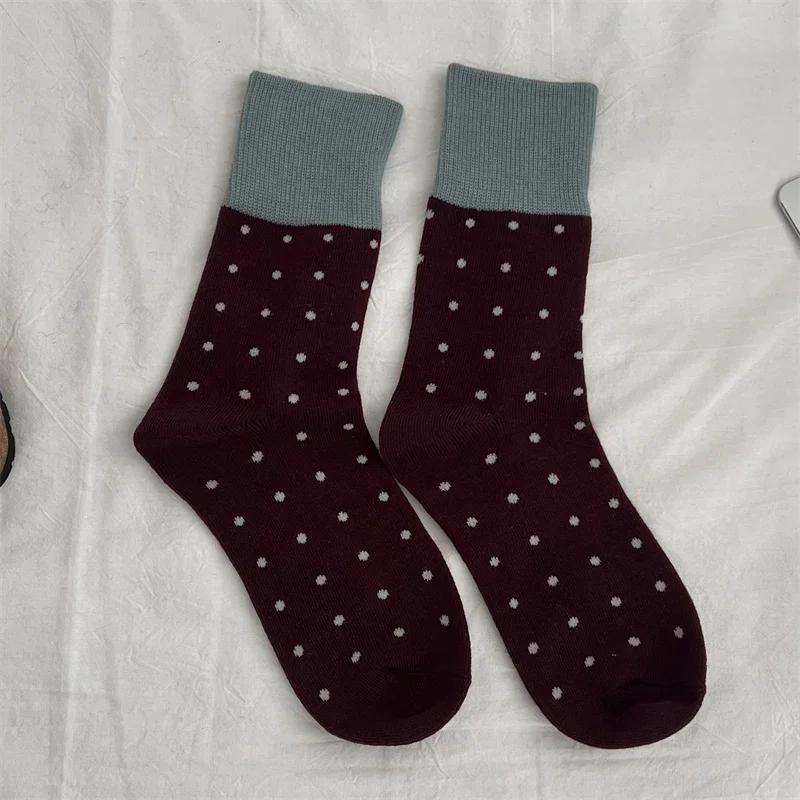 

Autumn Winter Japanese Retro Color Block Ribbed Polka Dot Mid Calf Socks High Grade Pure Cotton Slouch Socks Soft Casual Socks One Size бордовий