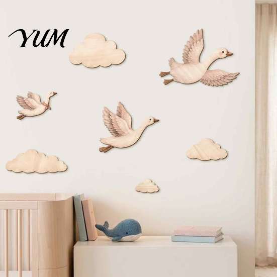 DIY Wall Stickers for Baby Room 7Pcs/Set Wooden Flying Goose and Cloud Art Decor Nursery, Self-Adhesive Bohemian Rustic Wood Bedroom Decoration