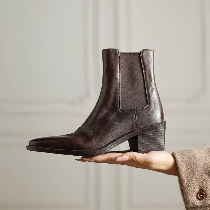 

New women s leather boots leather large size medium heel women s boots rubber sole sleeve autumn and winter cowhide versatile pointed short boots 40