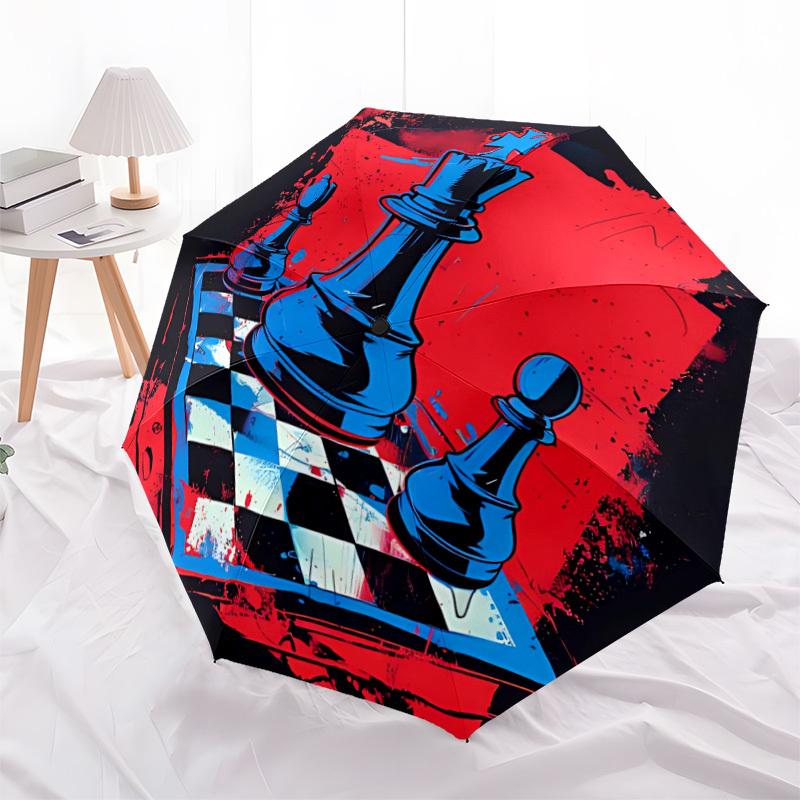 1pc Chess Strategy Automatic Folding Umbrella - Windproof Compact Travel Umbrella with Auto Open/Close, 8-Rib Heavy-Duty Shaft for Women/Men A007
