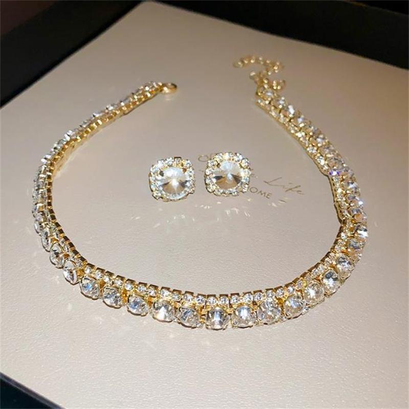 Luxury Necklace Earrings Sets Green Crystal Necklace Women Weddings Bride Zircon Accessories