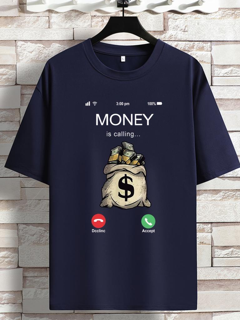 Unisexs Money Is Calling Graphic T Shirt Dollar Money Bag Incoming Call Screen Print Short Sleeve Crew Neck Casual Cotton Male Tee