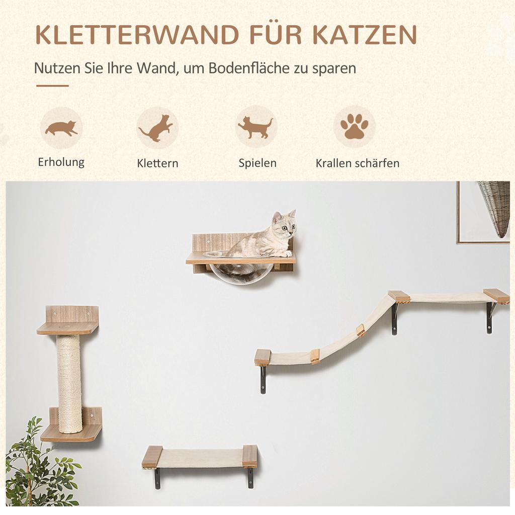 4PCs Wall-mounted Cats Climbing Shelf Set Cat Tree Kitten Perch Activity Center with Hammock Scratching Post Jumping Platform Brown
