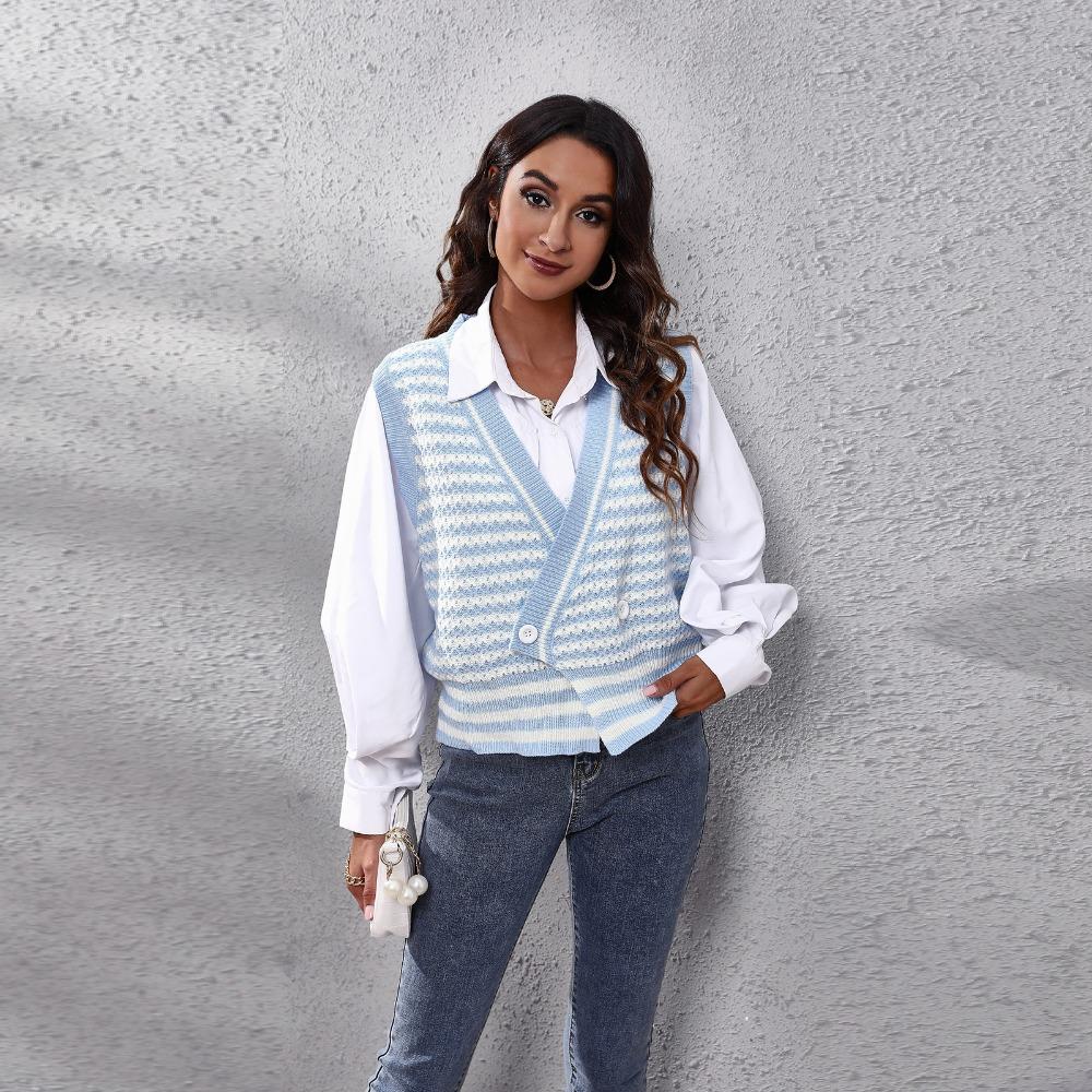 GMXIA Dámská móda Ležérní pruhovaný potisk Podzim Zima Pletené vesty bez rukávů s výstřihem do V