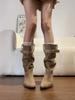 Hottie Pleated Pile Boots Women's Vintage Suede Belt Buckle Skinny Thick Heel Pointed Desert Knight Boots