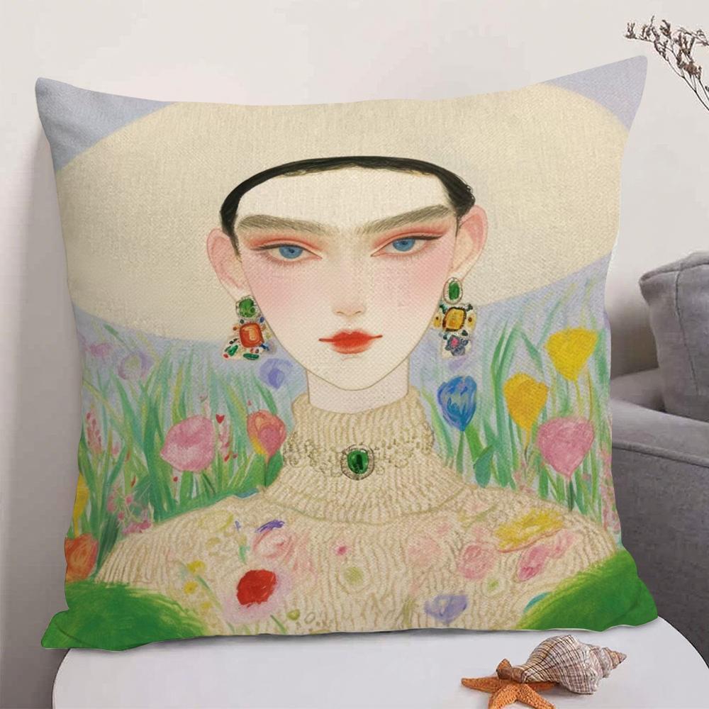 1PC Fashion Illustration Cushion Cover Natural Linen Organic Fabric DoubleSided Printing Sofa Home Decor Gift Pillow Case