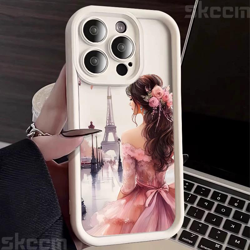 Pink Girl Flower Pattern Phone Case For iPhone 16 15 Pro Max 16E 14 13 12 11 XS X XR 7 8 Plus Shockproof Silicone Soft Cover