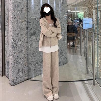 Spring/Autumn Women's Casual Fashion Casual Sweater and Loose-Fitting Pants Set with Two-Piece Hooded Jacket