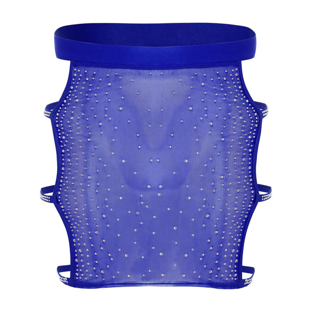 Womens Sparkly Rhinestone Mesh Miniskirt Elastic Waist Side Cutouts Bodycon Design See Through Club Skirt