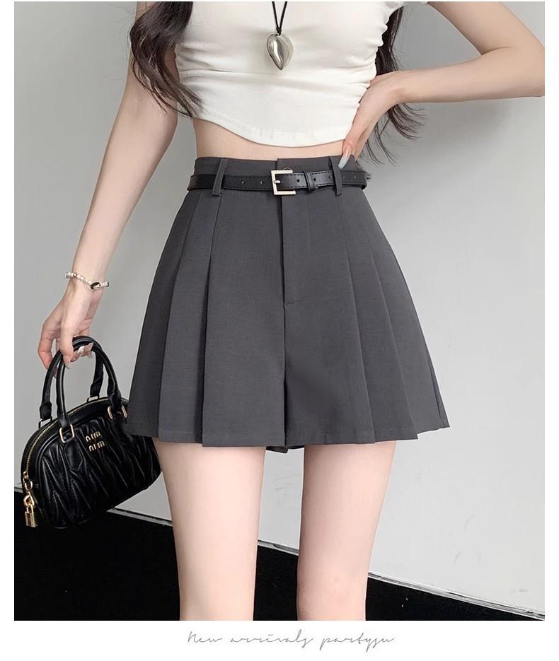 Women's Gray High-Waist Pleated Chiffon A-Line Shorts - Summer Slimming Wide-Leg Casual Skirt Pants