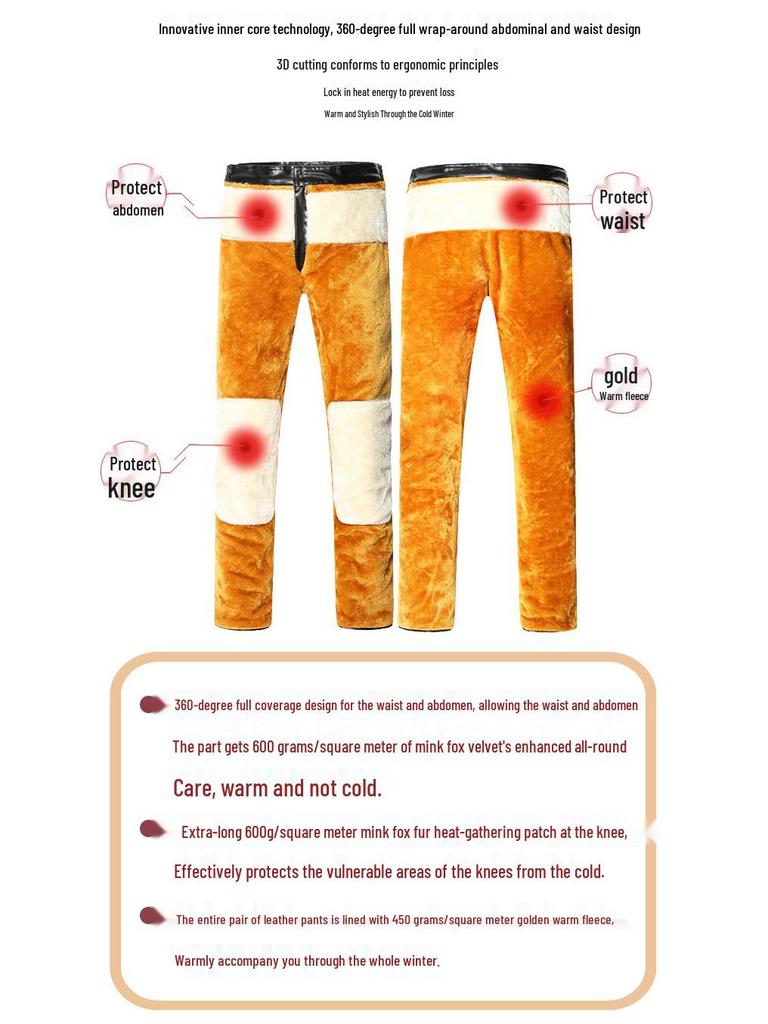 Men's Double-Layer PU Leather Motorcycle Pants with Knee Pads and Waist Support, Fleece-Lined for Warmth