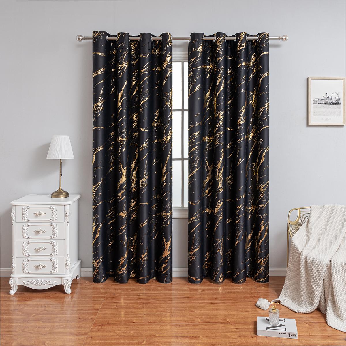 

1 шт. шторы блэкаут с перфорацией высокой точности с мраморным узором горячего тиснения, подходят для украшения гостиной и спальни W100cmxH130cm 1PC&Grommet Top чёрный