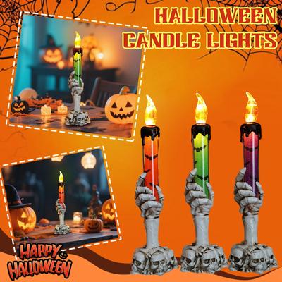 Halloween Hand LED Candle Decoration, 3D Flameless Taper Candles, Battery Operated Finger Decorative Candlestick Ornaments, Skeleton T