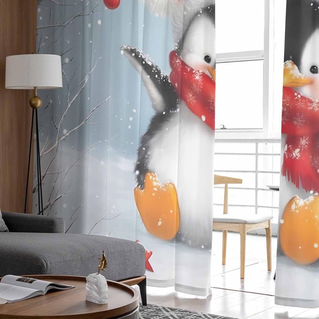 Weihnachtslaterne Vogel Pinguin Ölgemälde Transparente Vorhänge Moderner Gazevorhang für Wohnzimmer Schlafzimmer Voile-Garnvorhänge