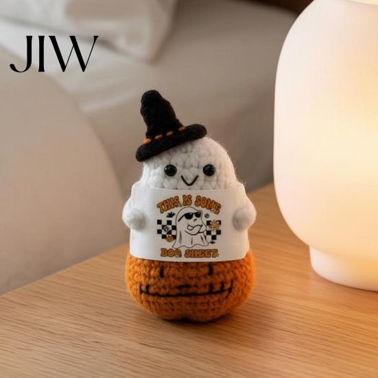 Pocket Sized Anxiety Relief Figurine Hand Knitted Halloween Ghost Ornament, Crochet Plush Doll with Warm Hearted Gift for Students Encouragement Card,