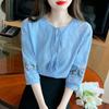 New Summer Women's Embroidered Three-quarter Sleeve Pure Cotton Shirt for Women's Fashionable Cotton Jacquard Belly Top