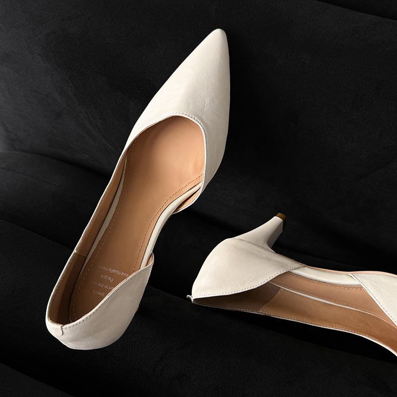 Cowhide Version~ Versatile High Heels Women's One-pedal Professional Work Shoes Shallow Mouth Pointed Temperament Single Shoes Non-slip