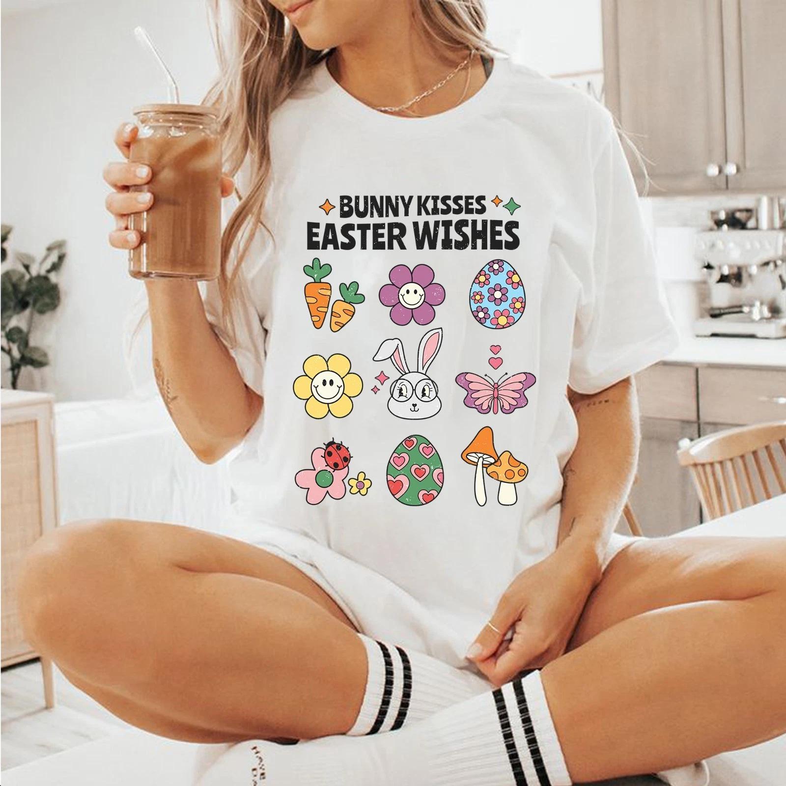 Bunny Kisses Easter Wishes Tee, Happy Easter Day Shirts, Retro Easter Icons Tee 2XL