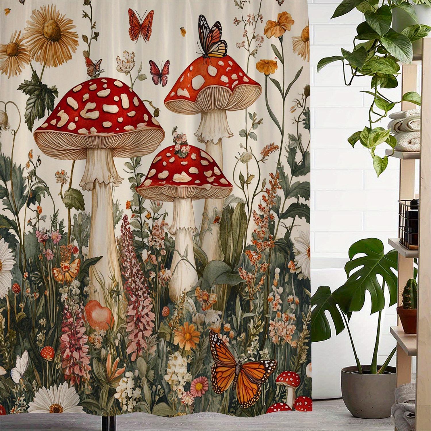 

Open Mushroom Butterfly Flower Print Shower Curtain With 12 Hooks, Window Curtain W60H190(CM)-1 Pcs