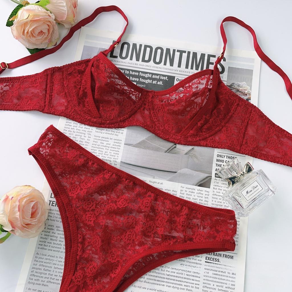 Set de lenjerie intimă franțuzească sexy pentru femei Set de sutien cu broderie din dantelă ultra subțire, confort de vară, sutien respirabil și seturi de lenjerie cu spatele T