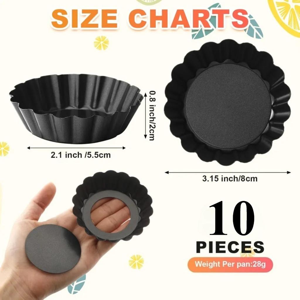 10Pcs Mini Tart Pans Egg Tart Molds with Removable Bottom Non Stick Fluted Cupcake Tins Tarts Quiche Pan for Pies Baking Tools