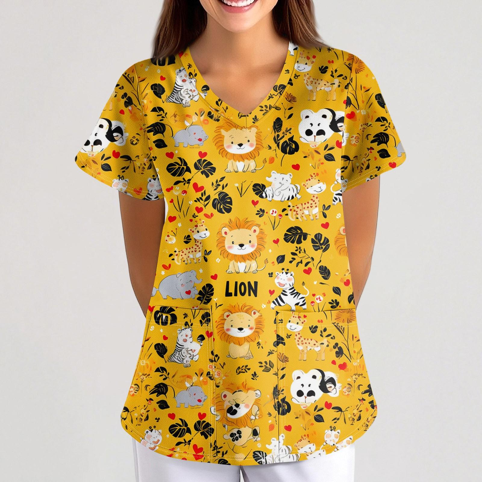 

Women s Small Animal Cartoon Print Loose V-neck Pocket Short-sleeved Uniform Uniform XL жовтий