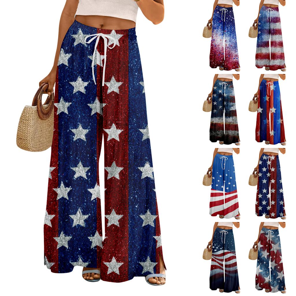 Women Summer Boho Palazzo Pants High Waist Wide Leg Floral Printing Casual Trousers With Pockets
