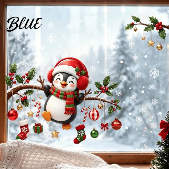 PVC Static Sticker Sheets Christmas Window Cling, Penguin Decal with Holly Baubles Snowflakes, Holiday Glass Decorations Festive Decor for Home Living