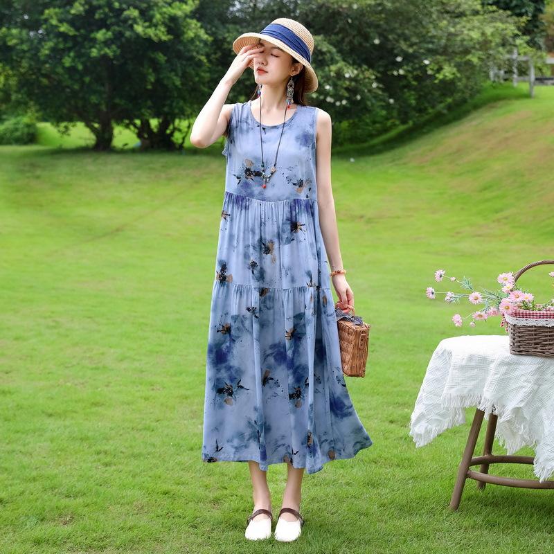 Summer  Women Plus Size Boho Dress Long Maxi Sundress Party Dress Elegant Vestidos Print O-neck High Waist Sleeveless