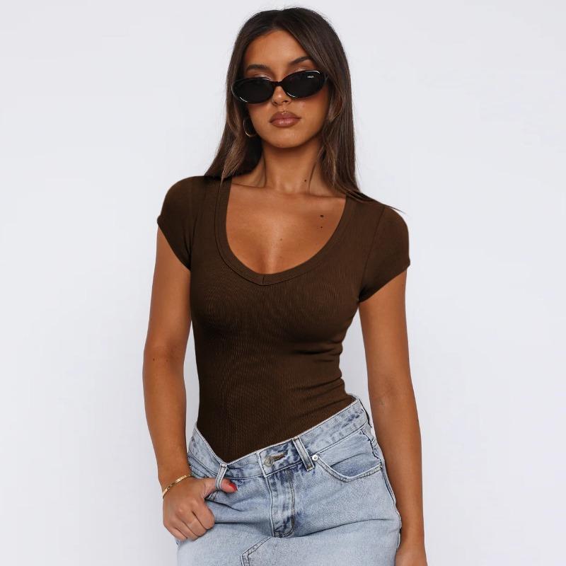 Letní dámské tričko se závitem svetr jednobarevný Spice dívčí móda top s krátkým rukávem