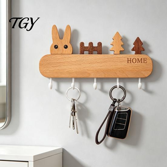 Adhesive Key Rack for Wall Wooden Holder with 5 Hooks, Cartoon House Theme Organizer, Multi Heavy Duty Screw Fixation Hooks Purpose Hanging