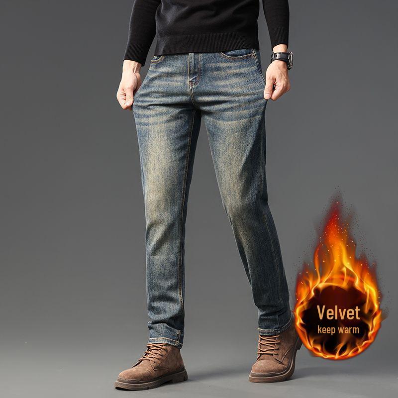 

Men s Retro Fleece-Lined Slim-Fit Jeans - Korean Style, Straight-Leg, Casual for Autumn/Winter 40