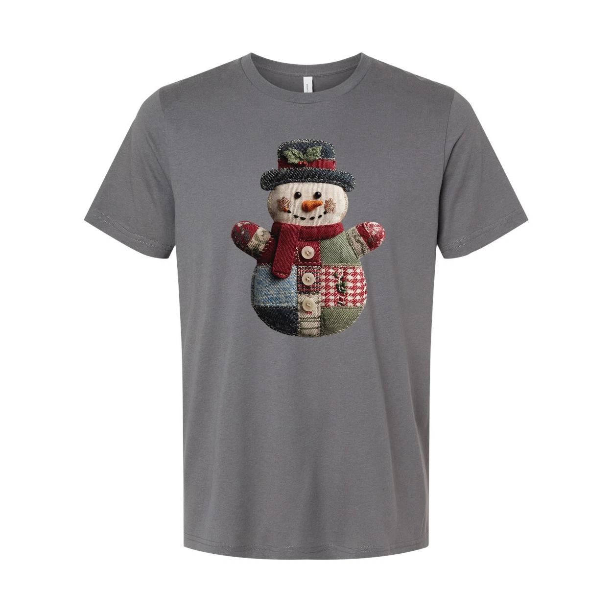 Unisex Christmas Patchwork Snowman T Shirt With Knit Hat And Scarf Button Detail M