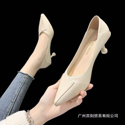 3Cm Not Tired Feet High Heels Annual Thin Heel 5cm Pointed Soft Leather Middle Heel Single Shoes Shallow Mouth Work Shoes