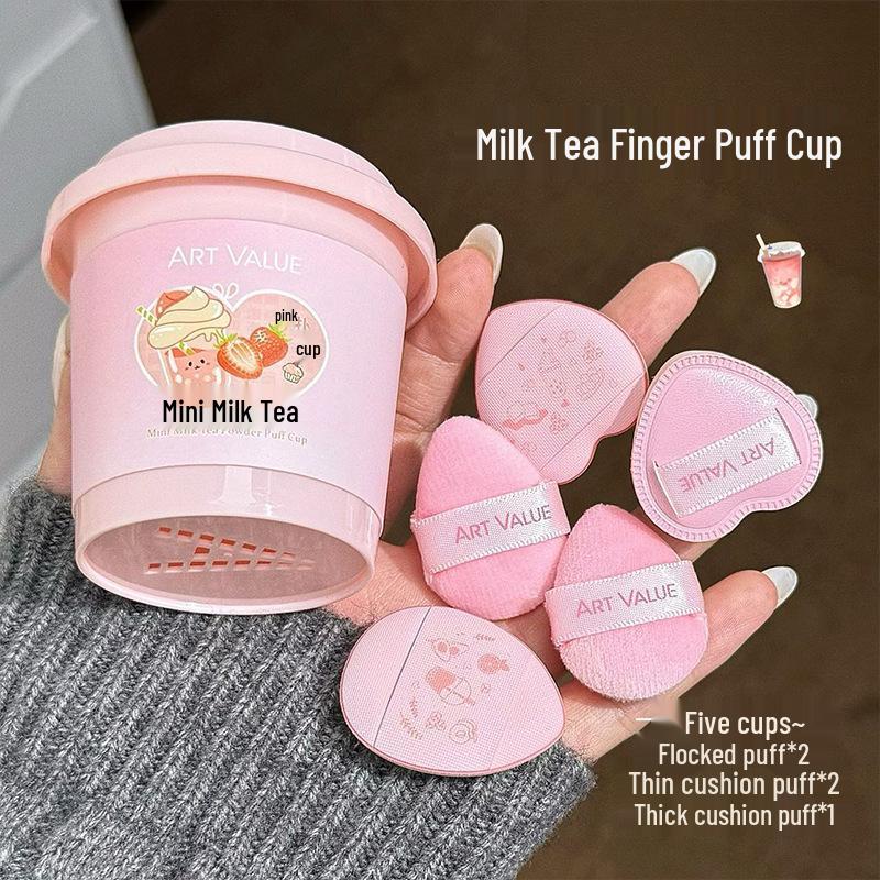 Mini Milk Tea Powder Puff Cup: Multi-use Pink Cushion Box