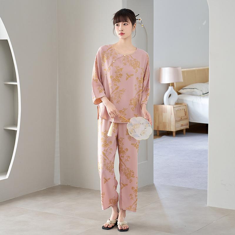 New Chinese national style suit cationic jacquard ice silk pajamas women's spring and summer silk satin pullover homewear