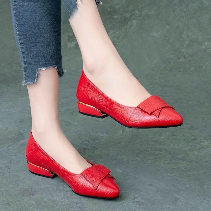 Pofulove Women Shoes Pu Leather Midi Pumps Square Heels Black Red Heel Party Wedding Fashion Pointed Toe Ladies Wedges Zapatos