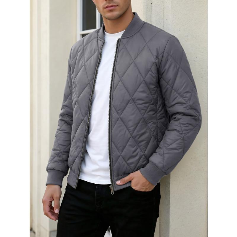 Men Solid Color Stand Collar Thickened Warm Quilted Bomber Jacket Casual Outerwear