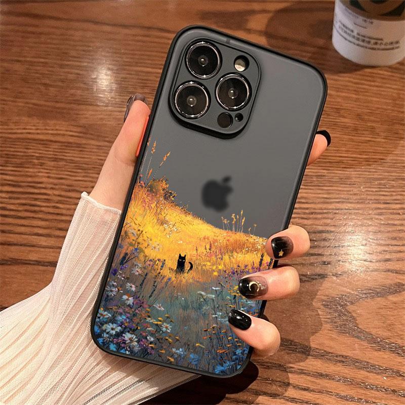 Black Cat Landscape Phone Case For iPhone 16 17 Pro Max 15 14 Pro Max Plus 13 12 Mini 11 Pro Max Cartoon Shockproof Back Covers