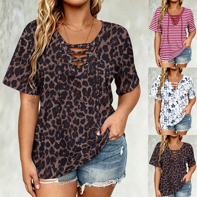 Sexy V-Neck Tie-Up Top Summer New Fashion Print T-Shirt Women Casual Blouse Short Sleeve Breathable
