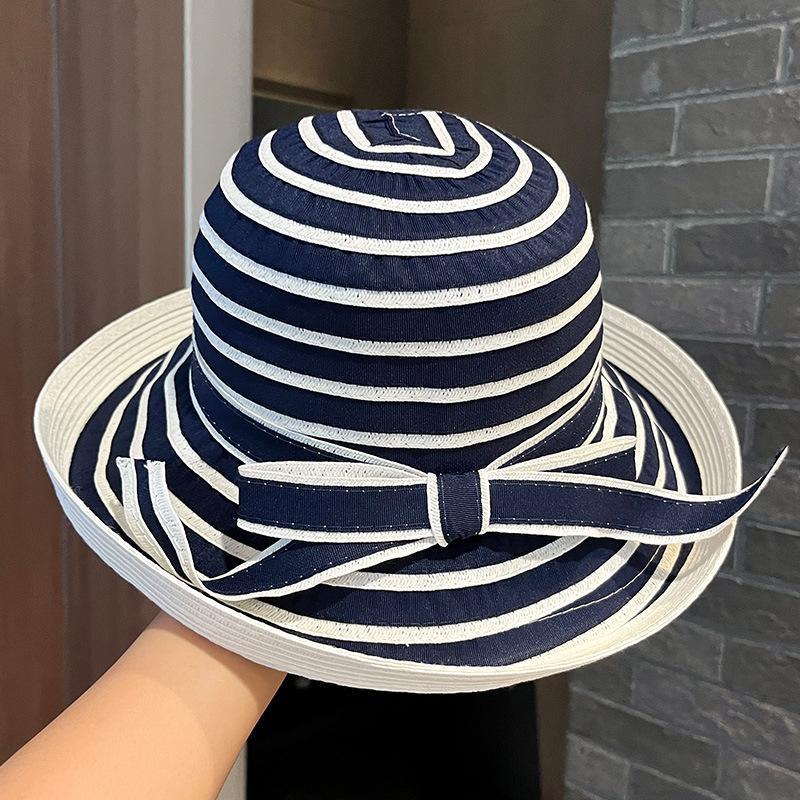 Foldable summer striped bow sunshade sunscreen bucket hat women's new big brim fishing fashion versatile hat