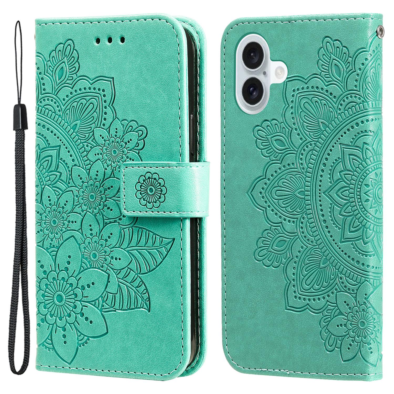 

For iPhone 16 Case Floral Pattern PU Leather Wallet Stand Phone Cover Green