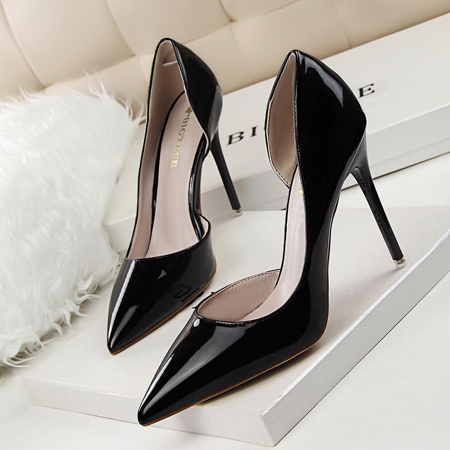 Fashion Women Party 10.5cm High Heels Office Patent Leather Pumps Lady Stiletto Low Heels Scarpins Cutout Elegant Orange Red Shoes