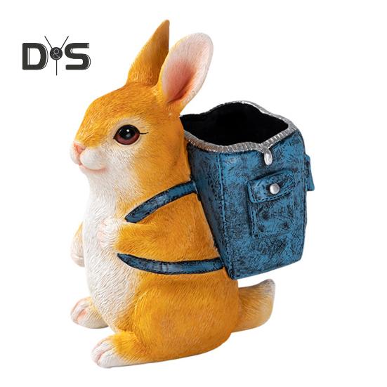 Rabbit Pen Holder Resin Bunny Figurine with Open Backpack Pencil Holder Decorative Rabbit Desk Organizer for Pens Pencils Makeup Brushes