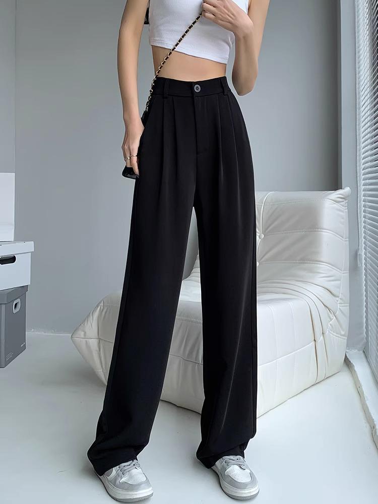 Women's High-Waisted Black Wide-Leg Slimming Pants - Petite, Floor-Length, Casual Fit