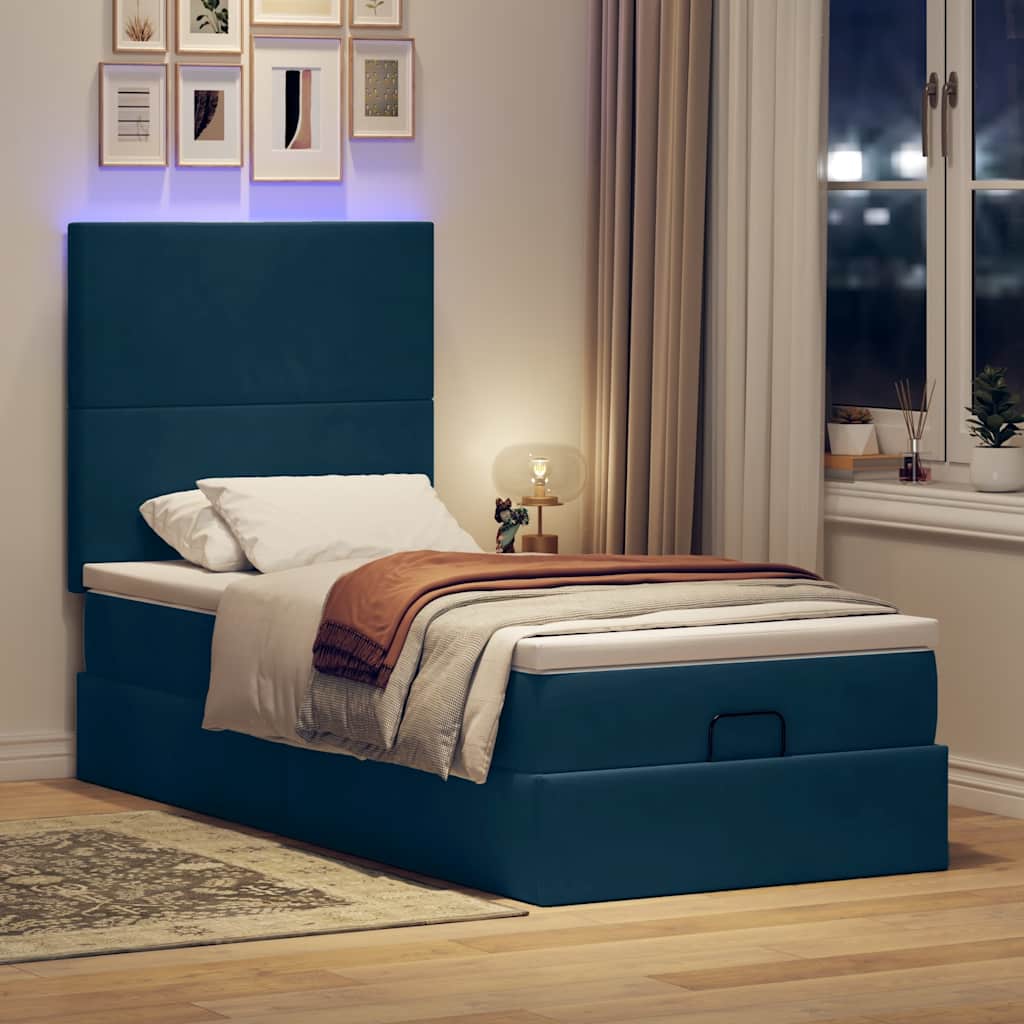 Ottoman Bed with Mattress & LEDs Dark Blue 90x190 Cm Velvet