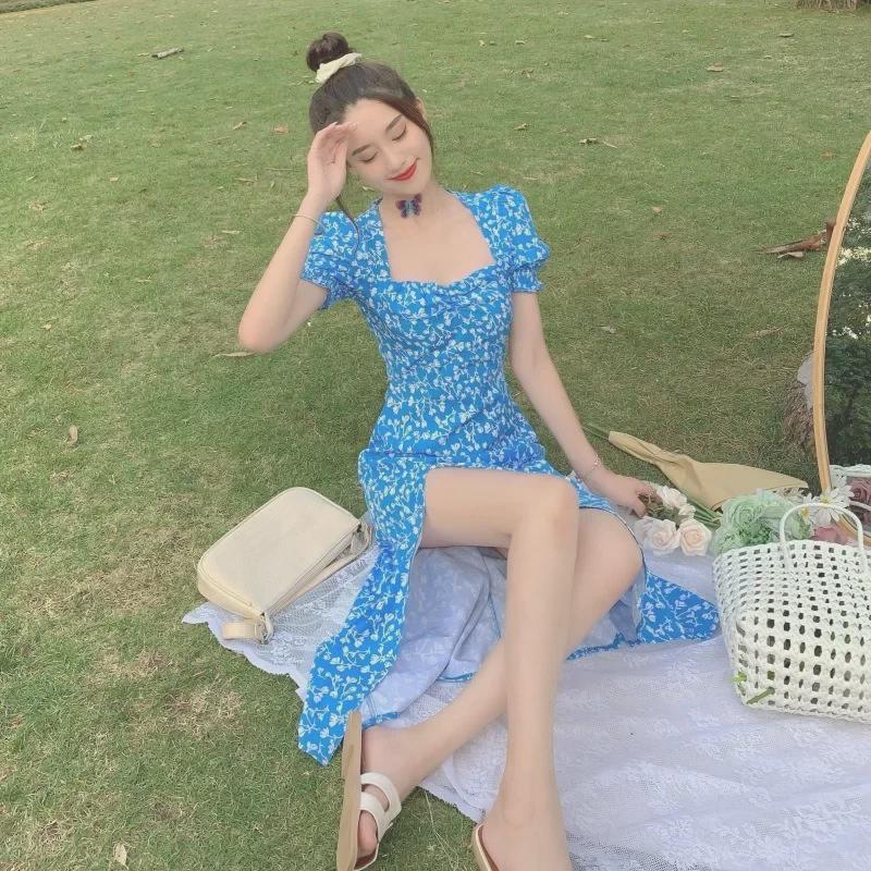 Vestido de Verano Floral Estilo Francés 2024: Falda Larga con Abertura Dulce y Picante