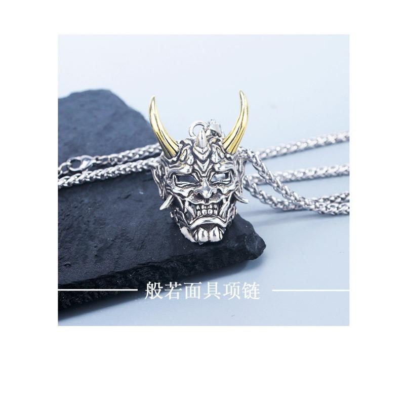 Vintage Golden Horn Hannya Ghost Mask Pendant Men Long Hip Hop Sweater Necklace