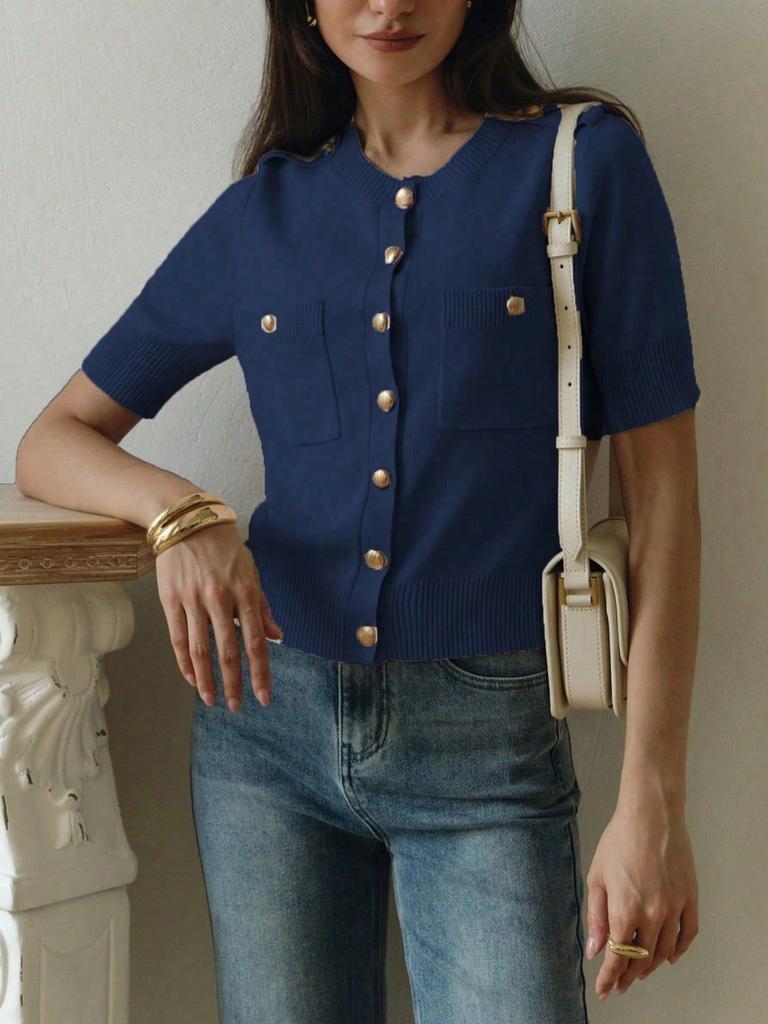 Women's Short Sleeve Cardigan with Gold Buttons and Pockets