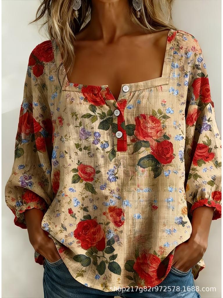 New Xiyin Summer T-Shirt Women's Printed Square Neck Button Bubble Sleeve Women's Top Women's